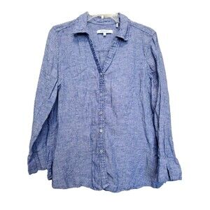 Foxcroft Linen Blue Long Sleeve Button-Up Shirt Size Large Beachy Coastal